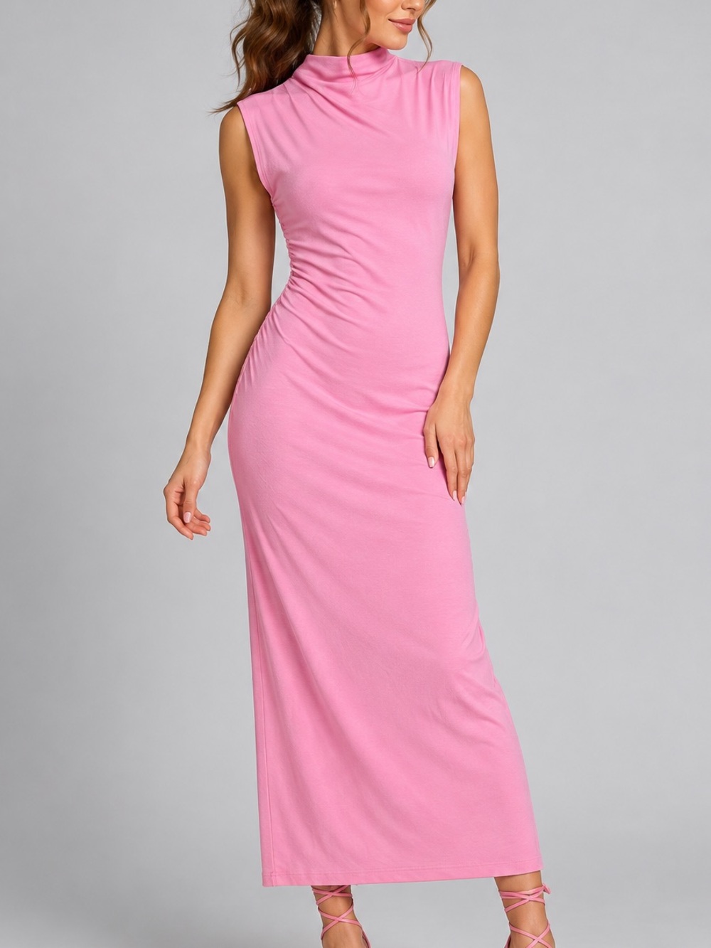 🆕🌸Gianni Bini Pink Maxi Dress Size M Mock Neck Sleeveless Stretch Bodycon Casual